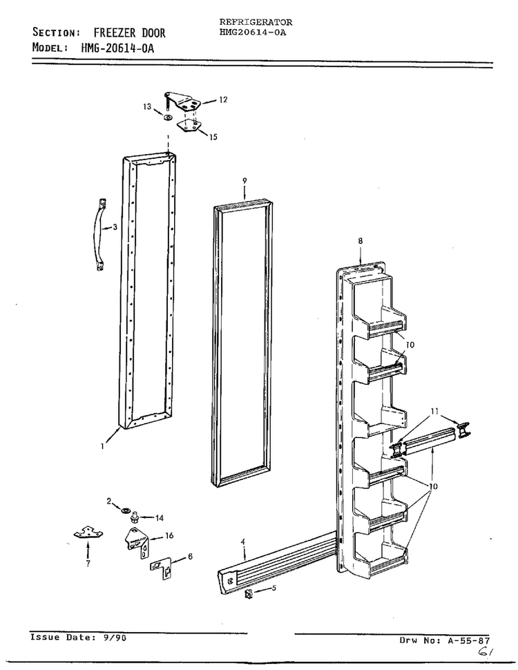 Freezer Door Diagram and Parts List for 6540A REV Admiral Refrigerator