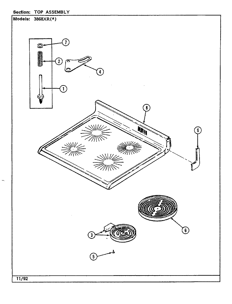 TOP ASSEMBLY (3868XR) Diagram and Parts List for 3868XRW  Magic Chef Range