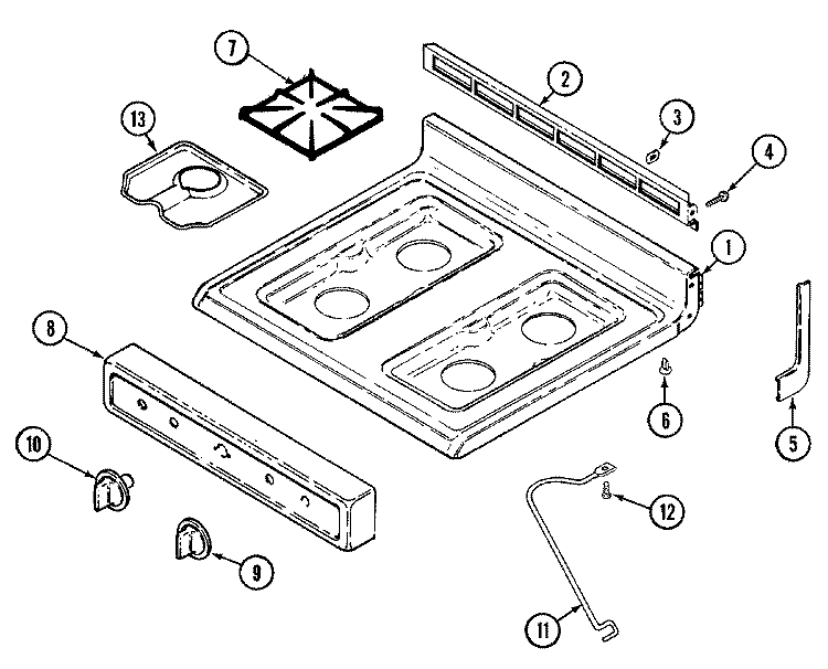 TOP ASSEMBLY Diagram and Parts List for 3110PTW-KL  Magic Chef Range