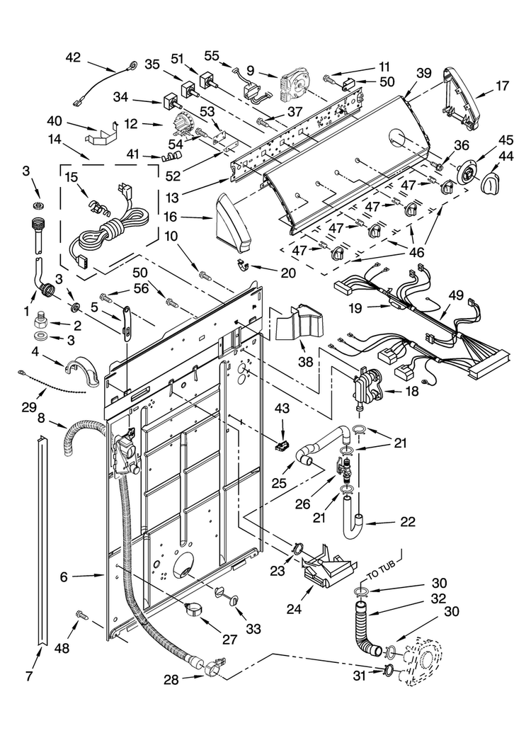 Controls And Rear Panel Parts Diagram and Parts List for 3RMTW4905TW1  Maytag Washer