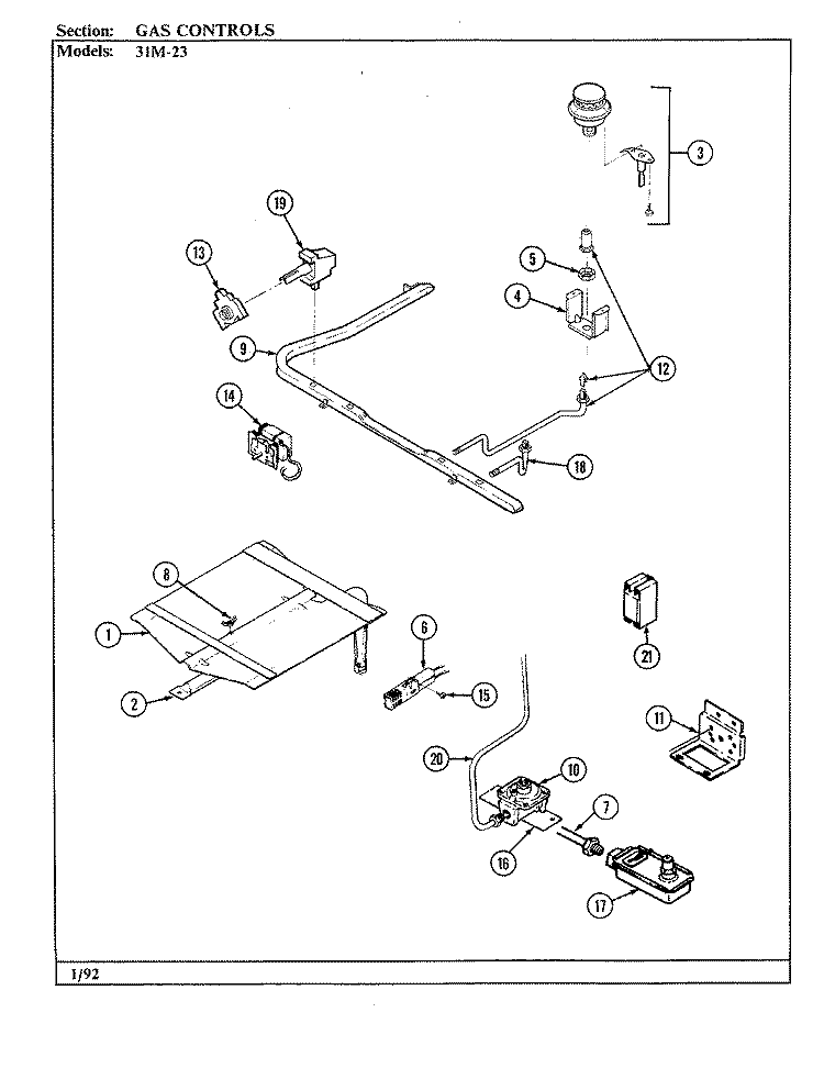 GAS CONTROLS Diagram and Parts List for 31MN-23KX-ON  Magic Chef Range