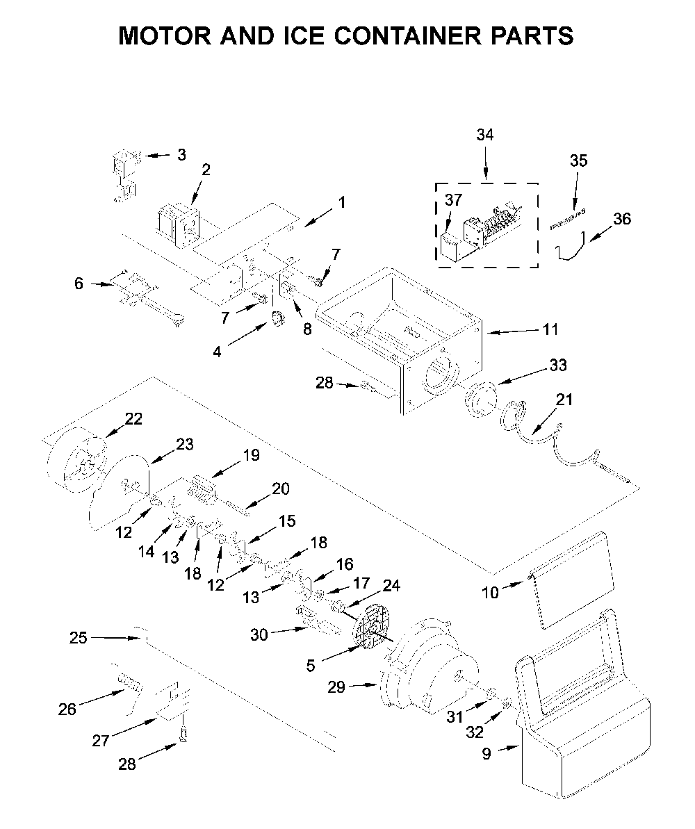 Motor And Ice Container Parts Diagram and Parts List for 1064650043713  Kenmore Refrigerator