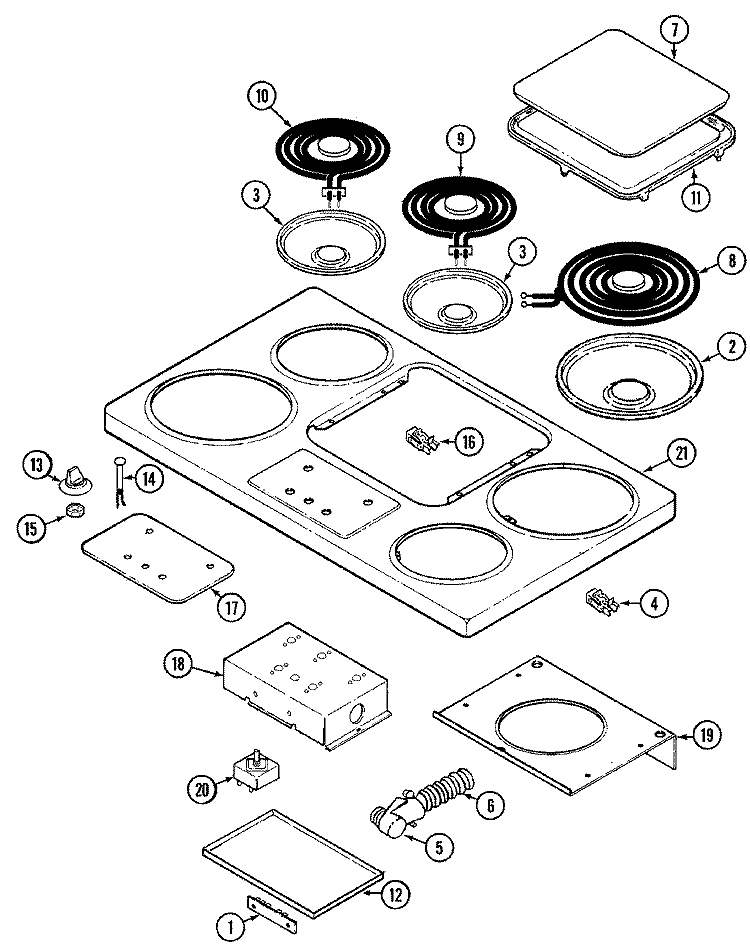 TOP ASSEMBLY Diagram and Parts List for 8720PW  Magic Chef Cooktop