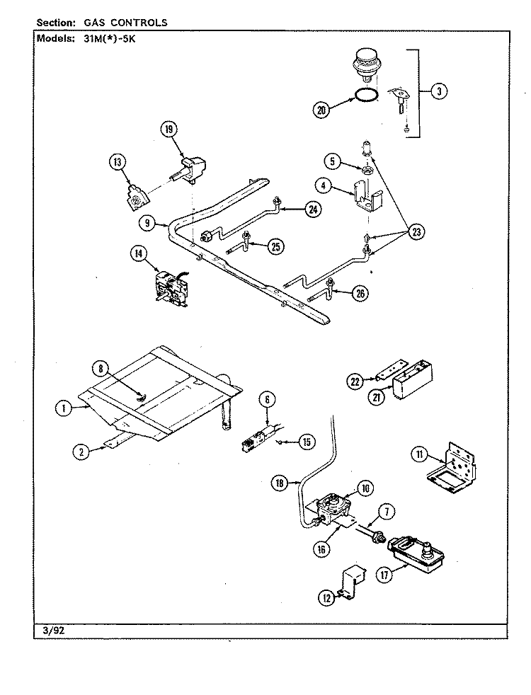 GAS CONTROLS Diagram and Parts List for 31MN-5KLX  Magic Chef Range