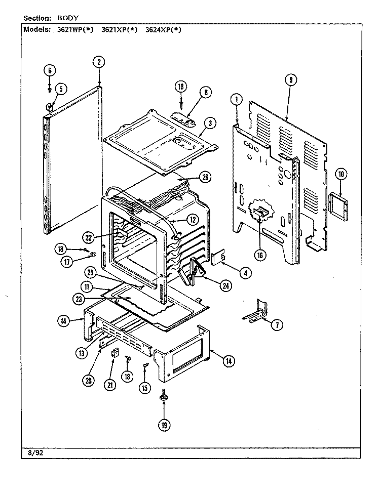 BODY Diagram and Parts List for 3624XPA  Magic Chef Range