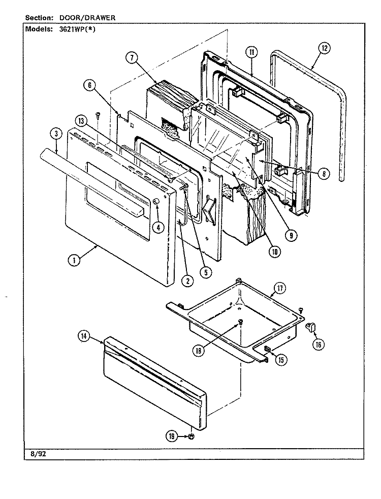 DOOR / DRAWER Diagram and Parts List for 3621XPW  Magic Chef Range