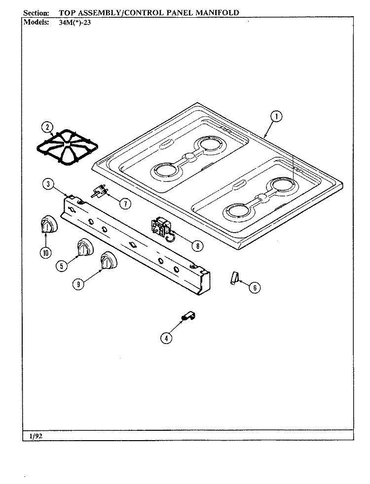 TOP ASSY. / CONTROL PANEL Diagram and Parts List for 34MN-23CKX-ON  Magic Chef Range
