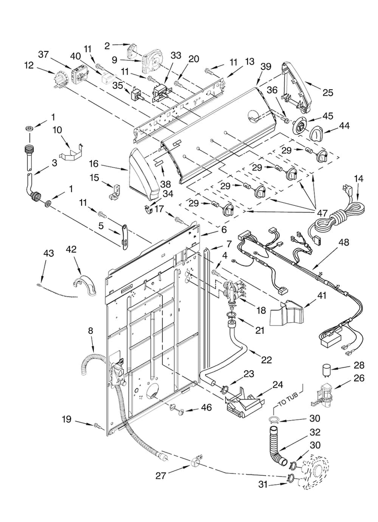 Controls And Rear Panel Parts Diagram and Parts List for 7MMMS0200VW0  Maytag Washer