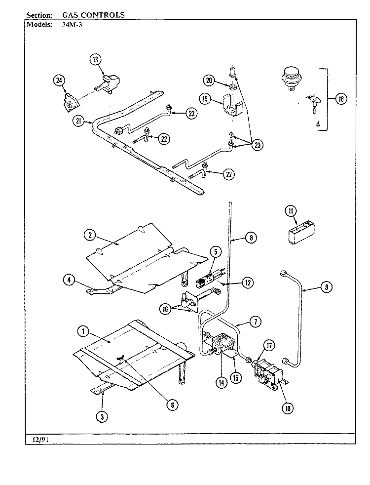 GAS CONTROLS Diagram and Parts List for 34MN-3TKVW-EV  Magic Chef Range