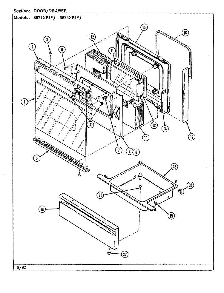 DOOR / DRAWER Diagram and Parts List for 3624XPA  Magic Chef Range