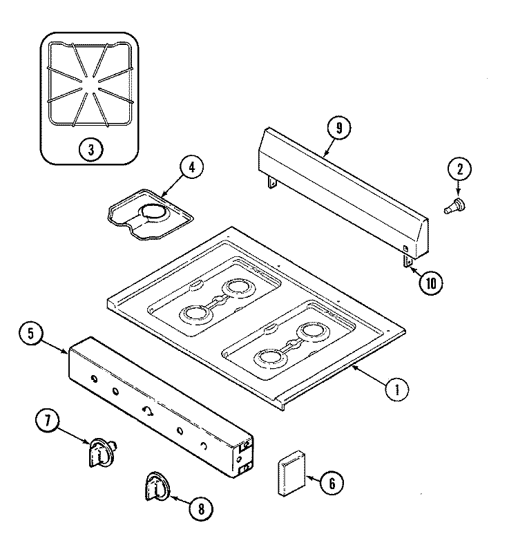 TOP ASSEMBLY (3100SPx, 3100SPx - K) Diagram and Parts List for 3100SPW  Magic Chef Range