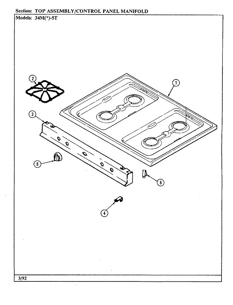 TOP ASSEMBLY / CONTROL PANEL / MANIFOLD Diagram and Parts List for 34MA-5TKVW  Magic Chef Range