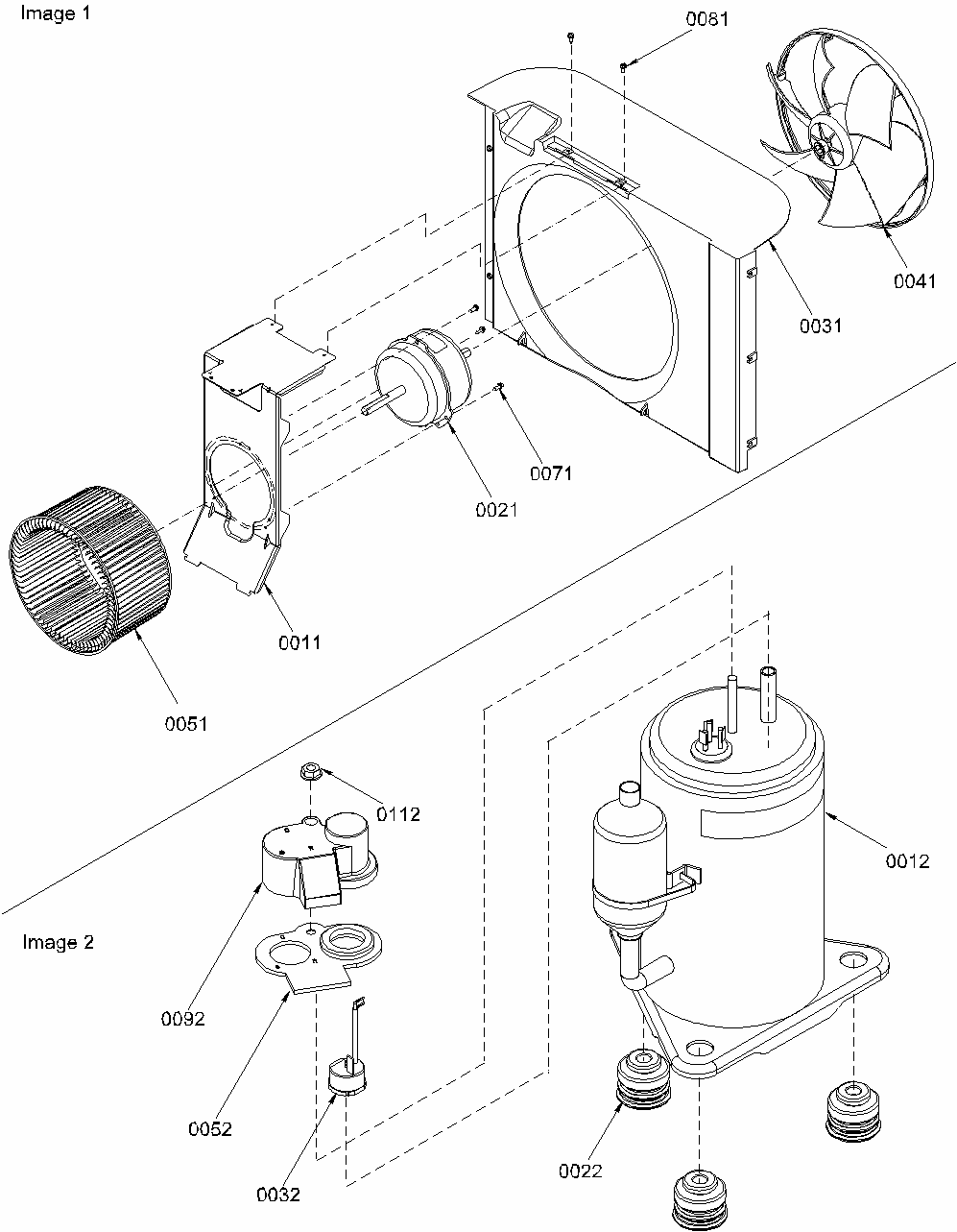 Fan Motor Assembly/compressor Assembly Diagram and Parts List for 10M52TB-P1230808R  Amana Air Conditioner