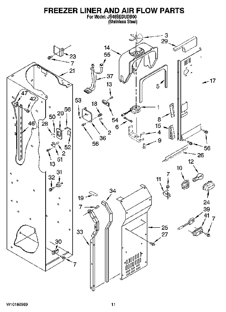 FREEZER LINER AND AIR FLOW PARTS Diagram and Parts List for JS48SEDUDB00  Jenn-Air Refrigerator