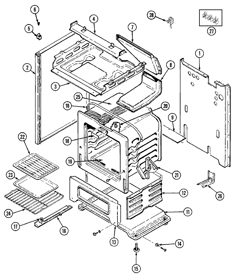 BODY / OVEN Diagram and Parts List for 3100STA-K  Magic Chef Range