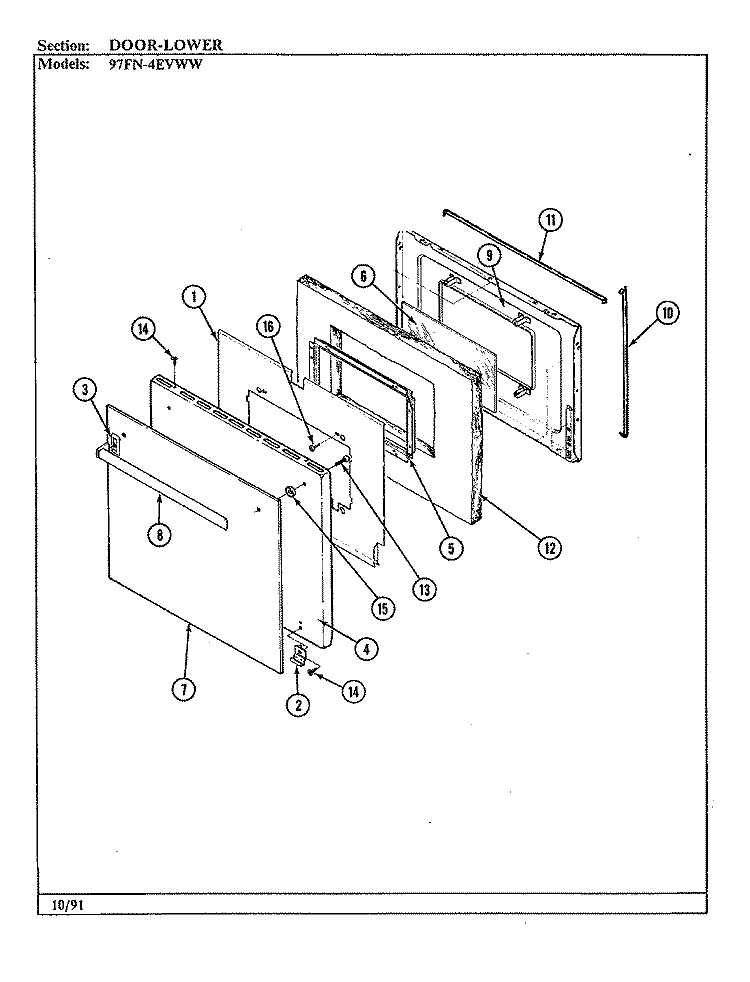 DOOR (LOWER) Diagram and Parts List for 97FN-4EVWW  Magic Chef Wall Oven