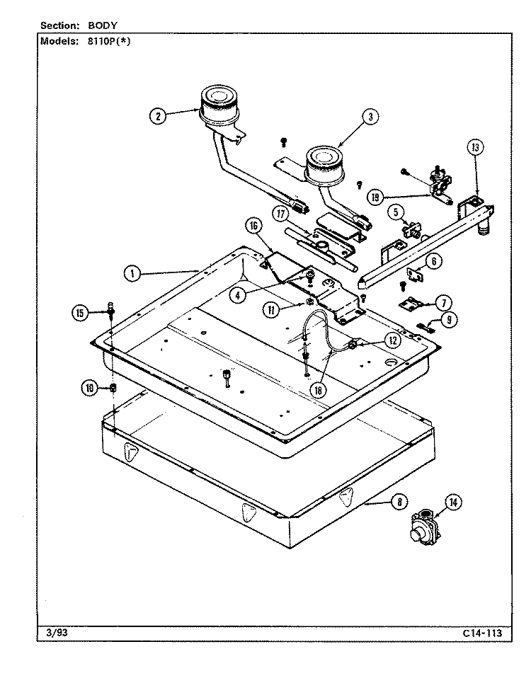 BODY Diagram and Parts List for 8110PA  Magic Chef Cooktop