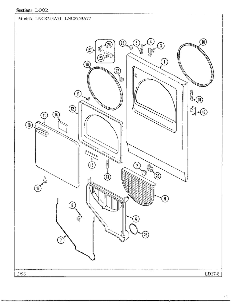 Door Diagram and Parts List for LNC-8753A77  Maytag Dryer