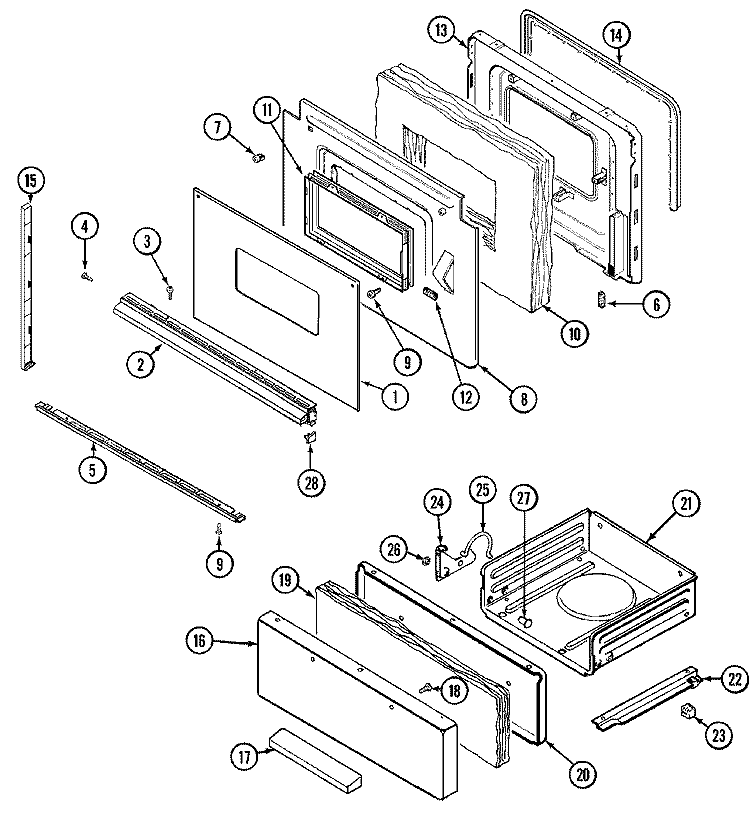 DOOR / DRAWER Diagram and Parts List for 3167XRA-X  Magic Chef Range