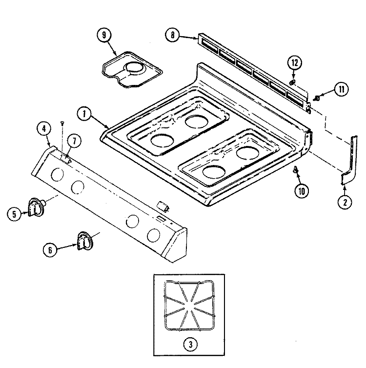 TOP ASSEMBLY Diagram and Parts List for 3126SRW  Magic Chef Range