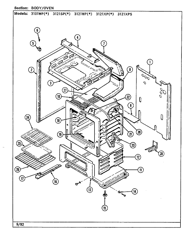 BODY / OVEN Diagram and Parts List for 3101WPA  Magic Chef Range