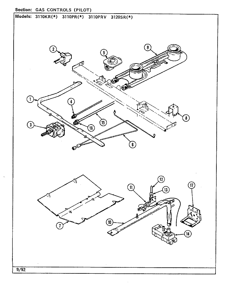 GAS CONTROLS (PILOT) Diagram and Parts List for 3110PRW  Magic Chef Range