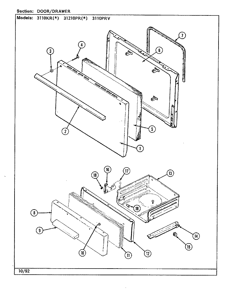 DOOR / DRAWER Diagram and Parts List for 3110PRV-K  Magic Chef Range