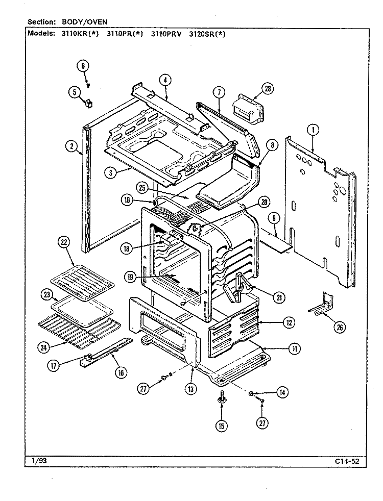 BODY / OVEN Diagram and Parts List for 3120SRW  Magic Chef Range