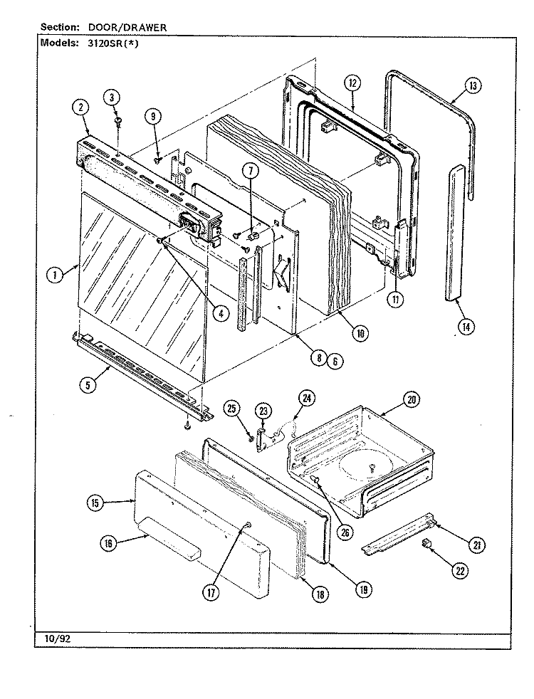 DOOR / DRAWER Diagram and Parts List for 3120SRW  Magic Chef Range