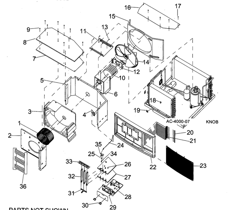 Inside View Diagram and Parts List for AH243  Amana Air Conditioner