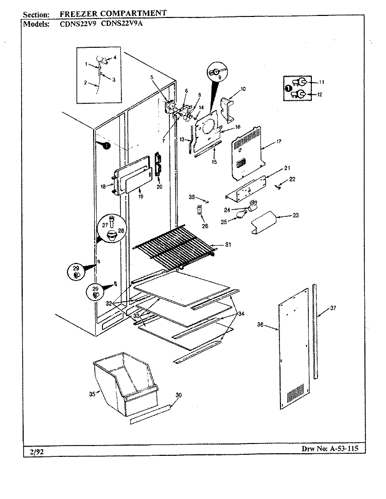 FREEZER COMPARTMENT Diagram and Parts List for CDNS22V9A CR36A Admiral Refrigerator