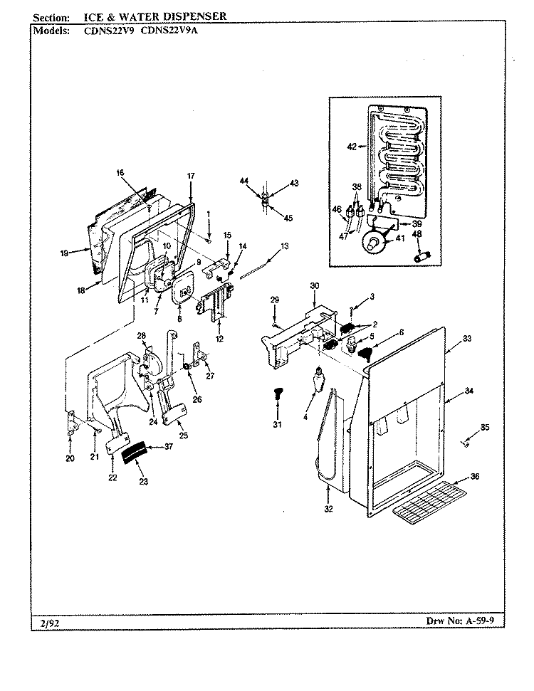 ICE & WATER DISPENSER Diagram and Parts List for CDNS22V9A CR36A Admiral Refrigerator