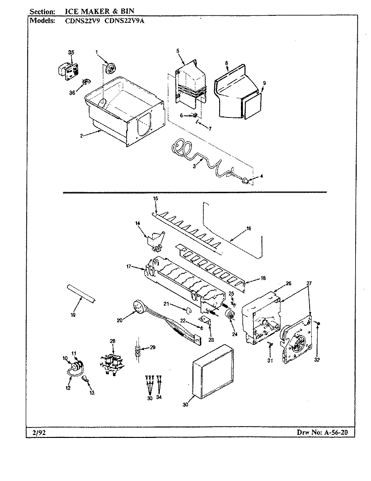 ICE MAKER & BIN Diagram and Parts List for CDNS22V9A CR36A Admiral Refrigerator