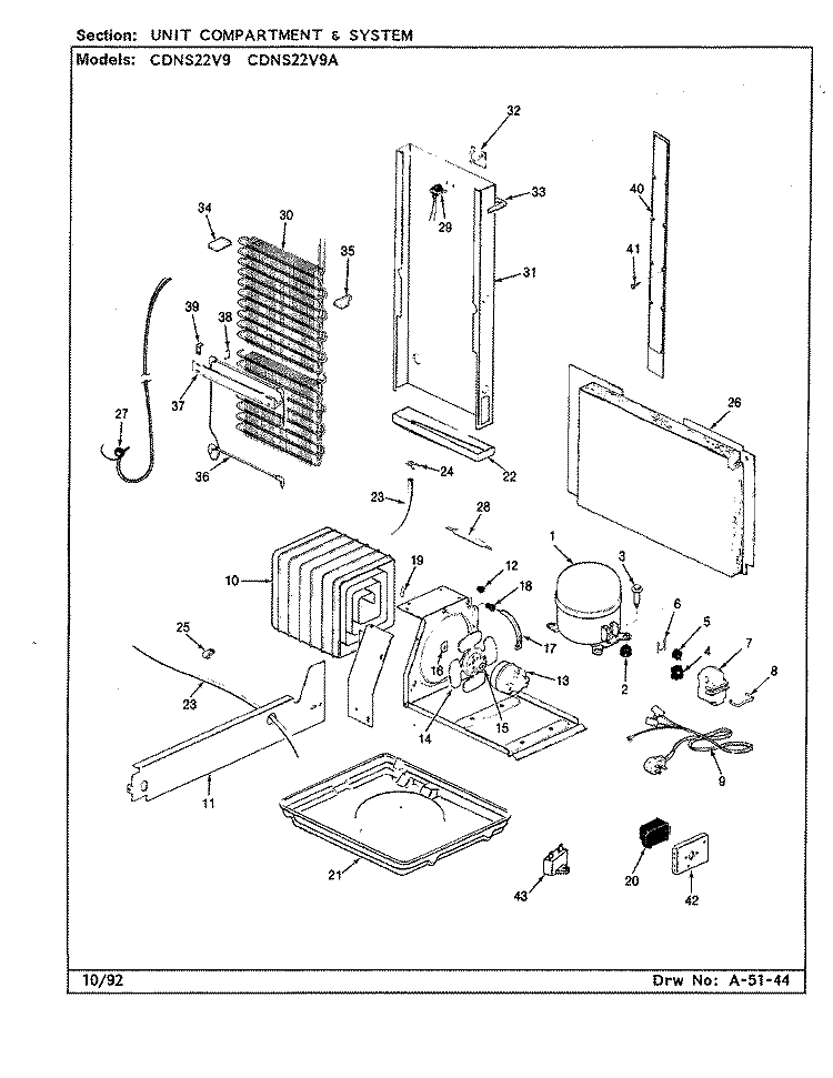 UNIT COMPARTMENT & SYSTEM Diagram and Parts List for CDNS22V9A CR38A Admiral Refrigerator