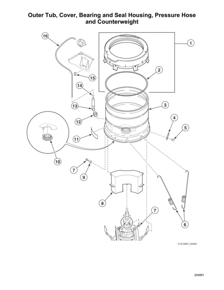Outer Tub/Cover/Bearing/Seal Housing/Pressure Hose/Counterweight Diagram and Parts List for AWN632SP116TW01  Speed Queen Washer