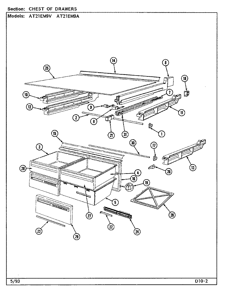 CHEST OF DRAWERS Diagram and Parts List for AT21EM9A DA78A Admiral Refrigerator
