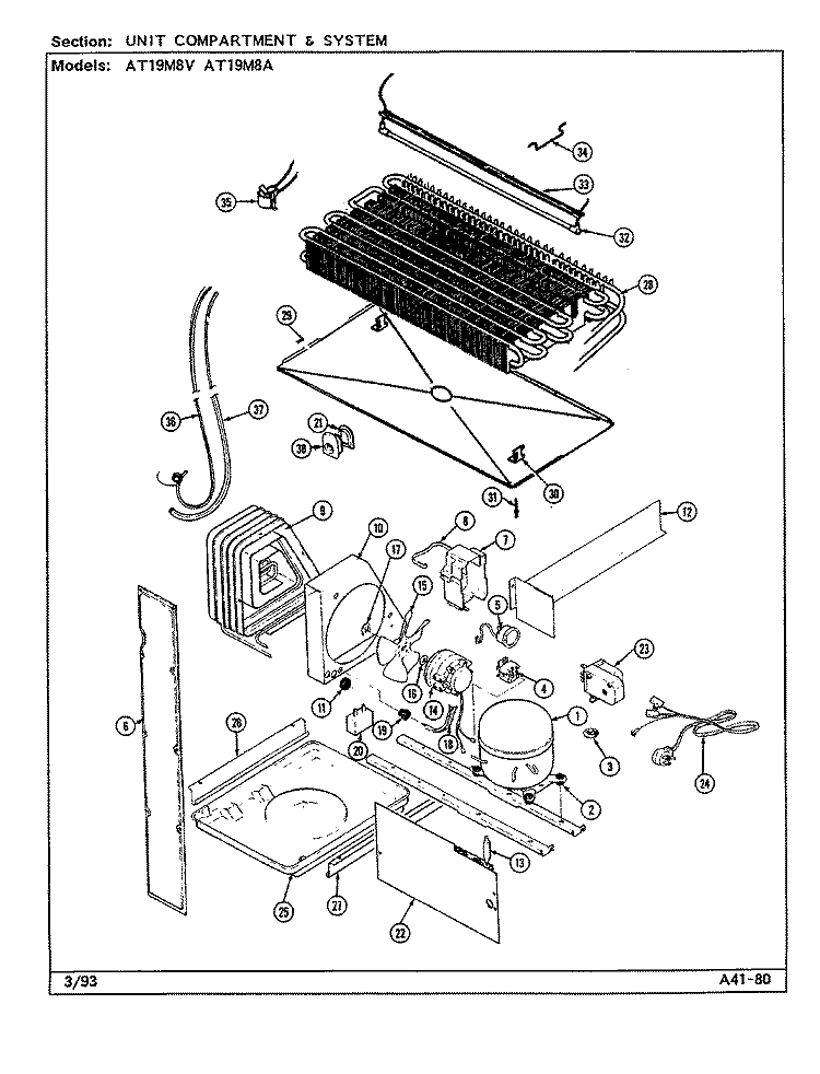 UNIT COMPARTMENT & SYSTEM Diagram and Parts List for AT19M8V DA53A Admiral Refrigerator