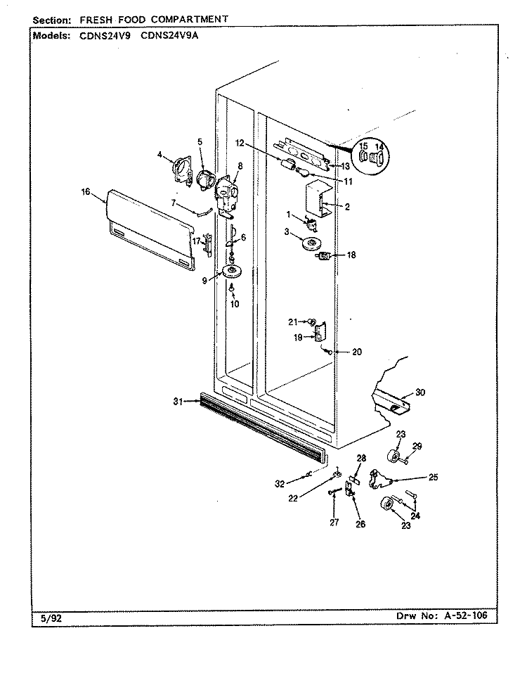 FRESH FOOD COMPARTMENT Diagram and Parts List for CDNS24V9A CR86A Admiral Refrigerator