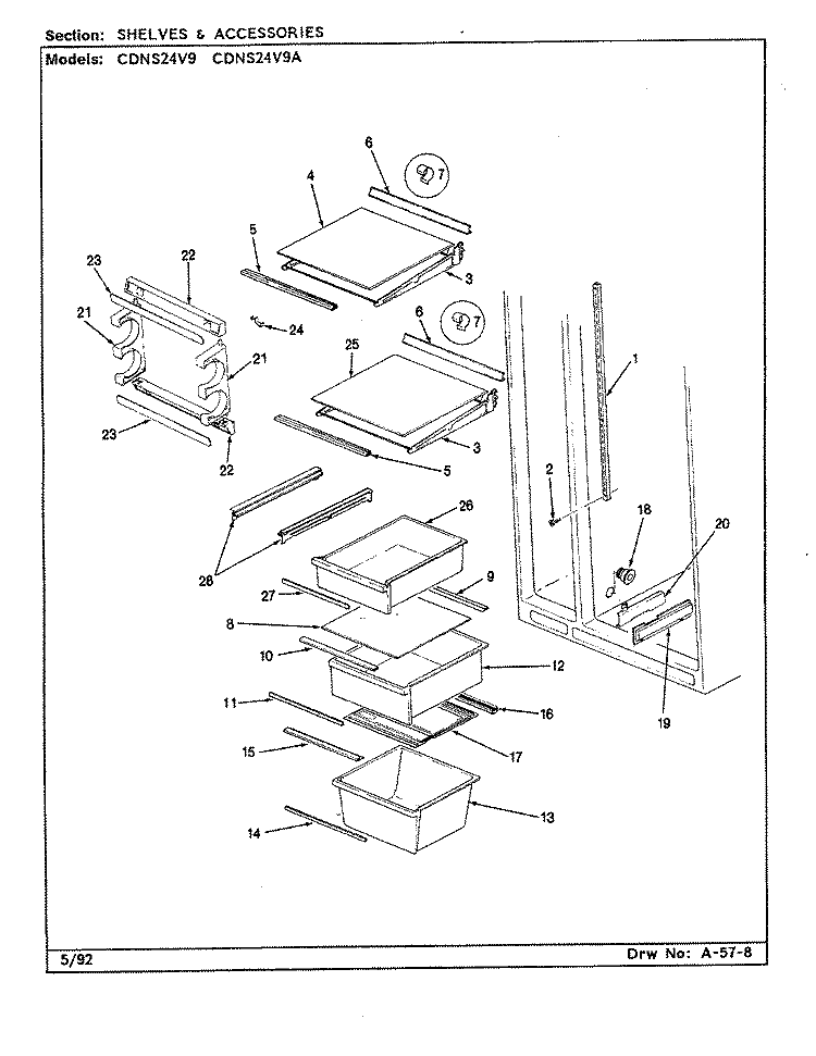 SHELVES & ACCESSORIES Diagram and Parts List for CDNS24V9A CR86A Admiral Refrigerator