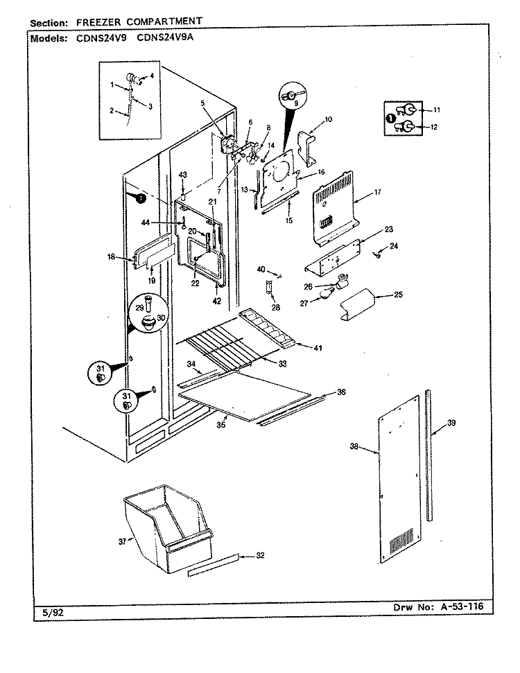 FREEZER COMPARTMENT Diagram and Parts List for CDNS24V9A CR86A Admiral Refrigerator