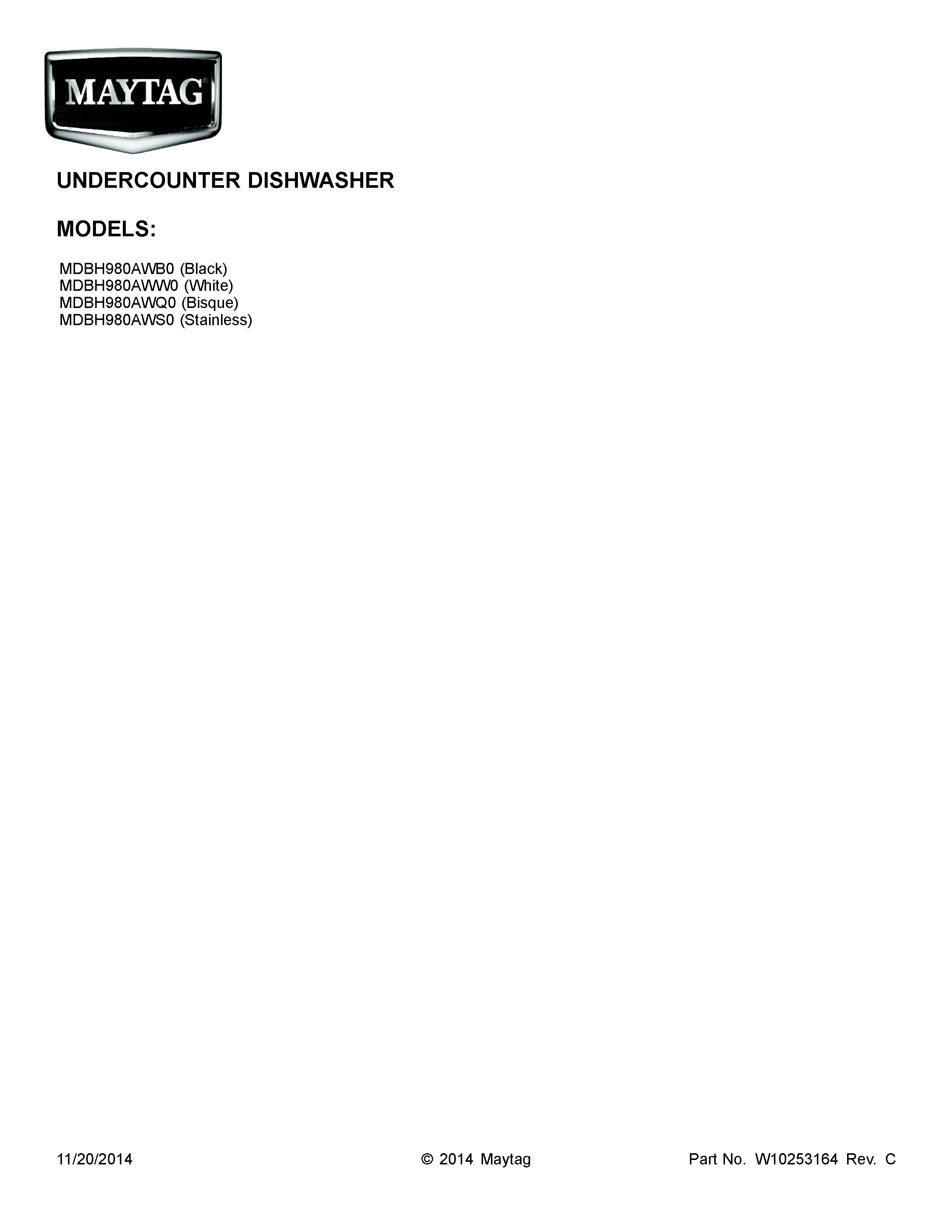 Cover Sheet Diagram and Parts List for MDBH980AWW0  Maytag Dishwasher