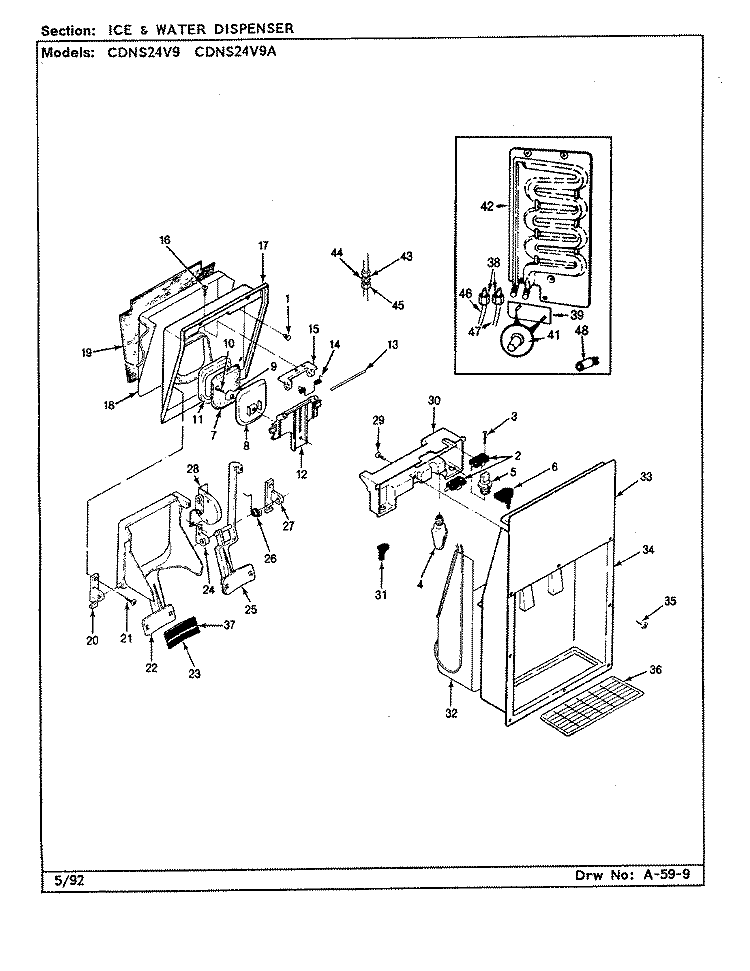 ICE & WATER DISPENSER Diagram and Parts List for CDNS24V9A CR86A Admiral Refrigerator