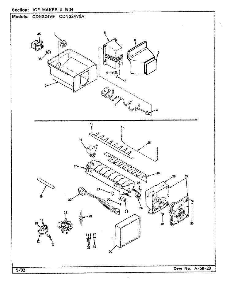 ICE MAKER & BIN Diagram and Parts List for CDNS24V9A CR86A Admiral Refrigerator