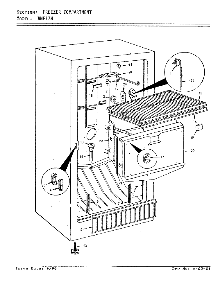 FREEZER COMPARTMENT Diagram and Parts List for DNF17H  Admiral Freezer