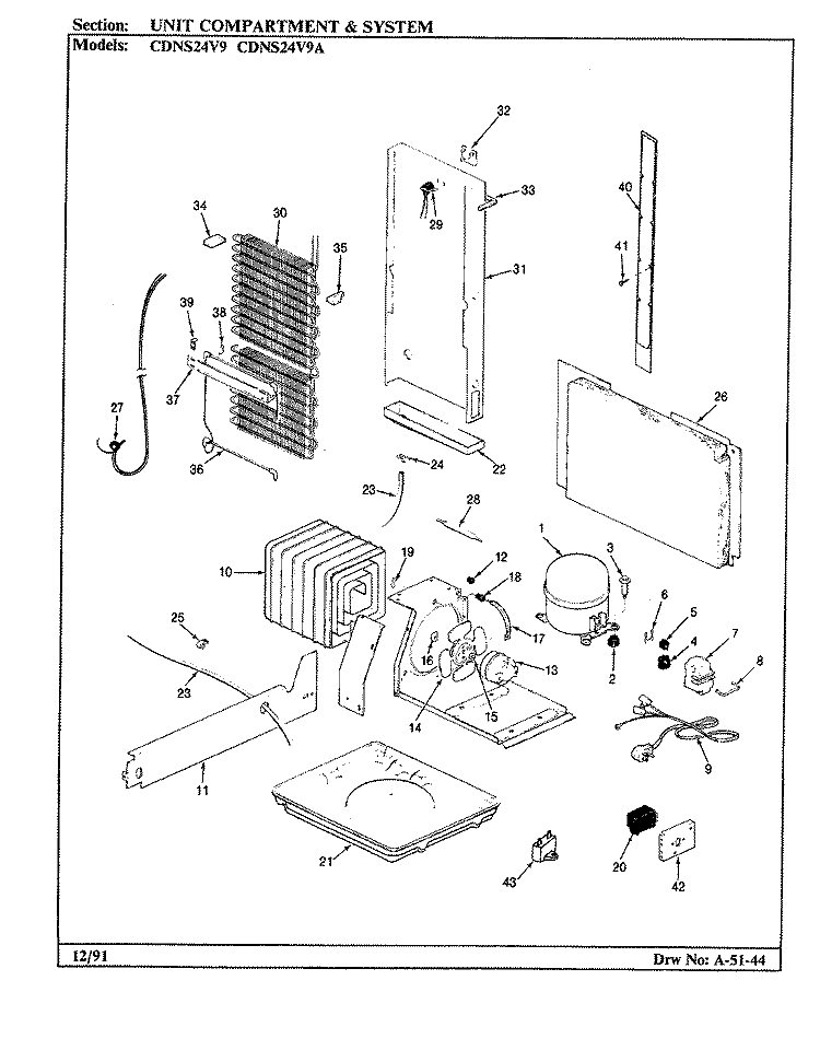 UNIT COMPARTMENT & SYSTEM Diagram and Parts List for CDNS24V9A BR86F Admiral Refrigerator