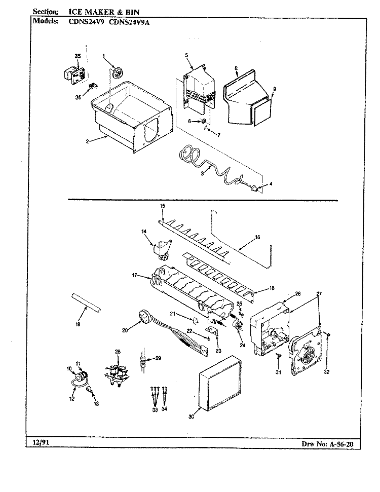 ICE MAKER & BIN Diagram and Parts List for CDNS24V9A BR86F Admiral Refrigerator