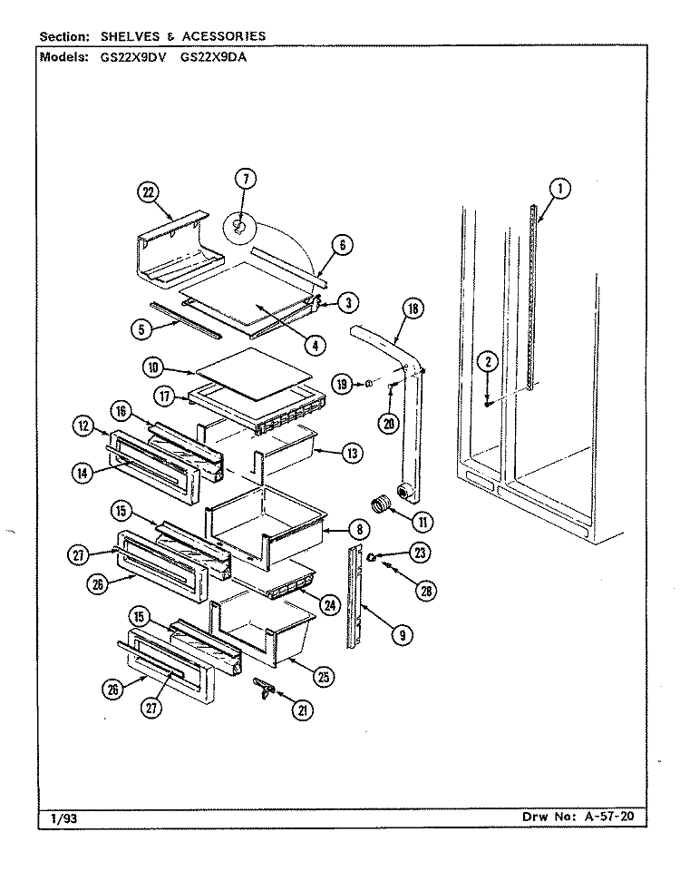 SHELVES & ACCESSORIES Diagram and Parts List for GS22X9DA DR36A Admiral Refrigerator