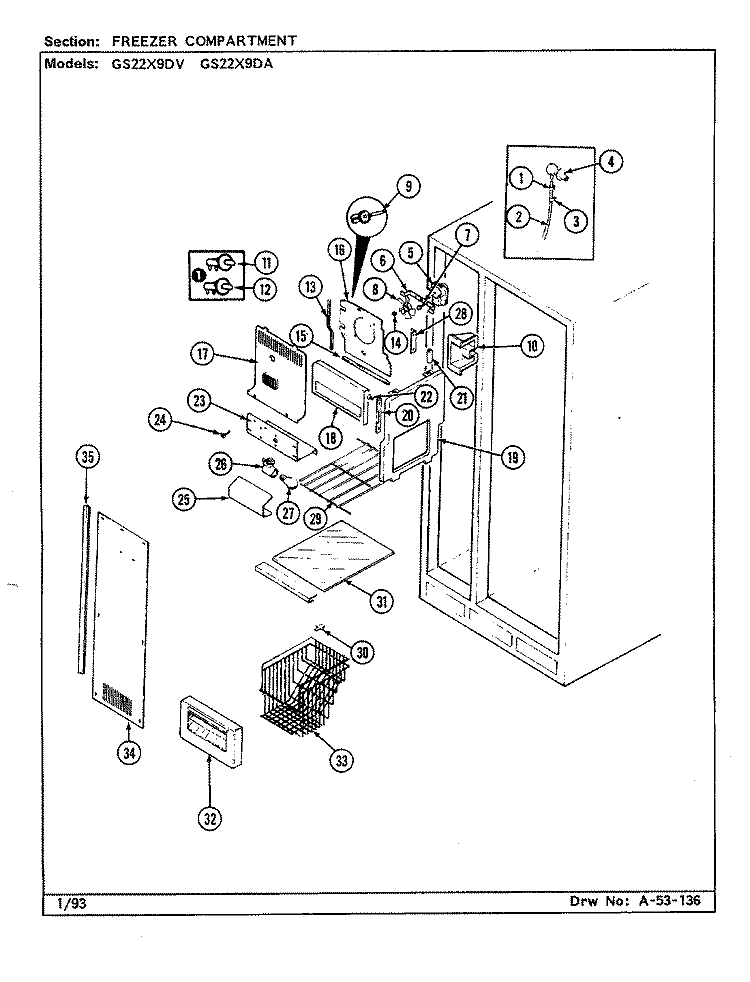FREEZER COMPARTMENT Diagram and Parts List for GS22X9DA DR36A Admiral Refrigerator