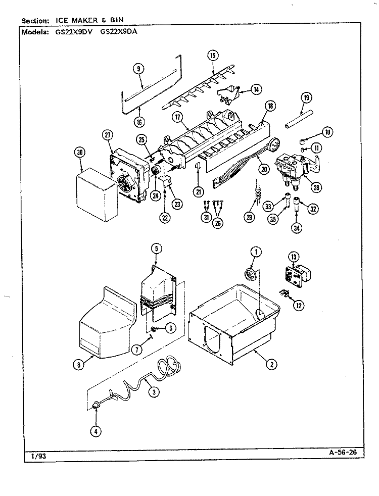 ICE MAKER & BIN Diagram and Parts List for GS22X9DA DR36A Admiral Refrigerator