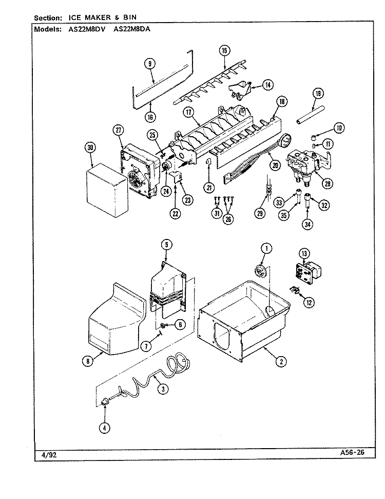 ICE MAKER & BIN Diagram and Parts List for AS22M8DA DN34B Admiral Refrigerator
